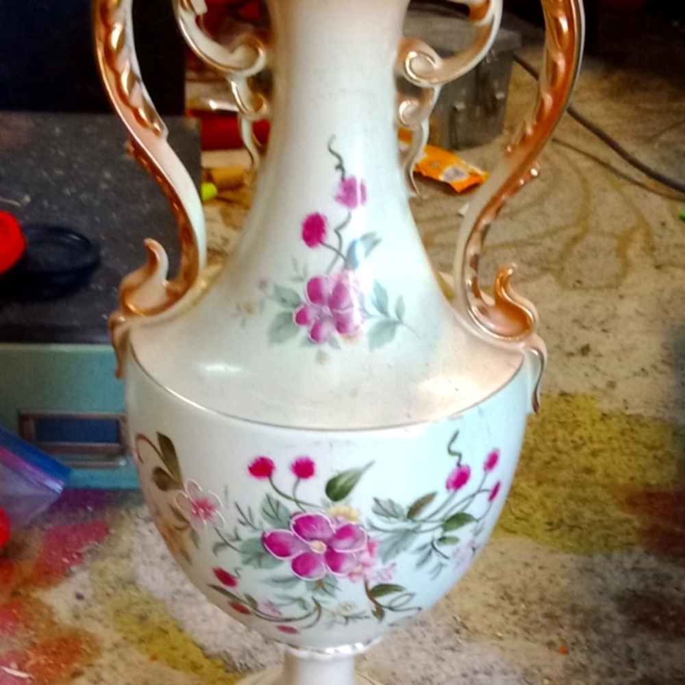 Antique Lamp with Hand painted flowers, Gold accents , Very nice condition.
